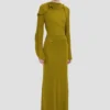 Vestido drapeado de cuello cerrado en color musgo Vestido drapeado de cuello cerrado en color musgo