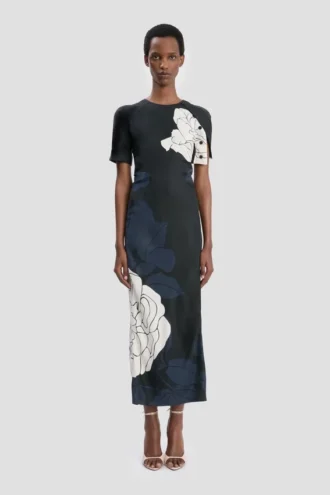 Vestido midi con abertura en el dobladillo y estampado floral azul marino oscuro