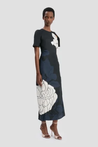 Vestido midi con abertura en el dobladillo y estampado floral azul marino oscuro